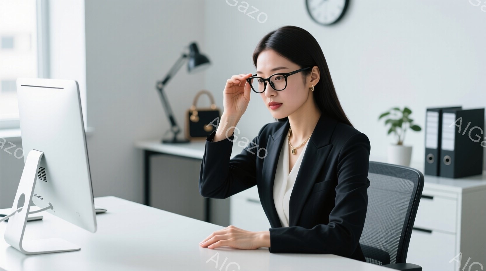 黒いジャケットとベージュのブラウスを着た女性が、オフィスでコンピューターに向かっています。彼女は黒いフレームのメガネをかけ、真剣な表情でキーボードを見つめています。背景には白いキャビネットや植物があり - AI生成フリー素材