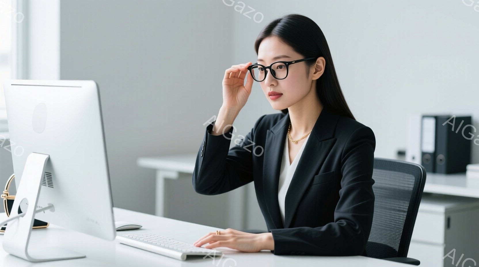 黒いスーツと白いブラウスを着た女性が、オフィスでコンピューターに向かっている。彼女は黒縁メガネをかけ、真剣な表情でキーボードを操作しており、姿勢はとても良い。背景には白いデスクと書類、そしてオフィス家具が見え、全体的に落ち着いた雰囲気である。