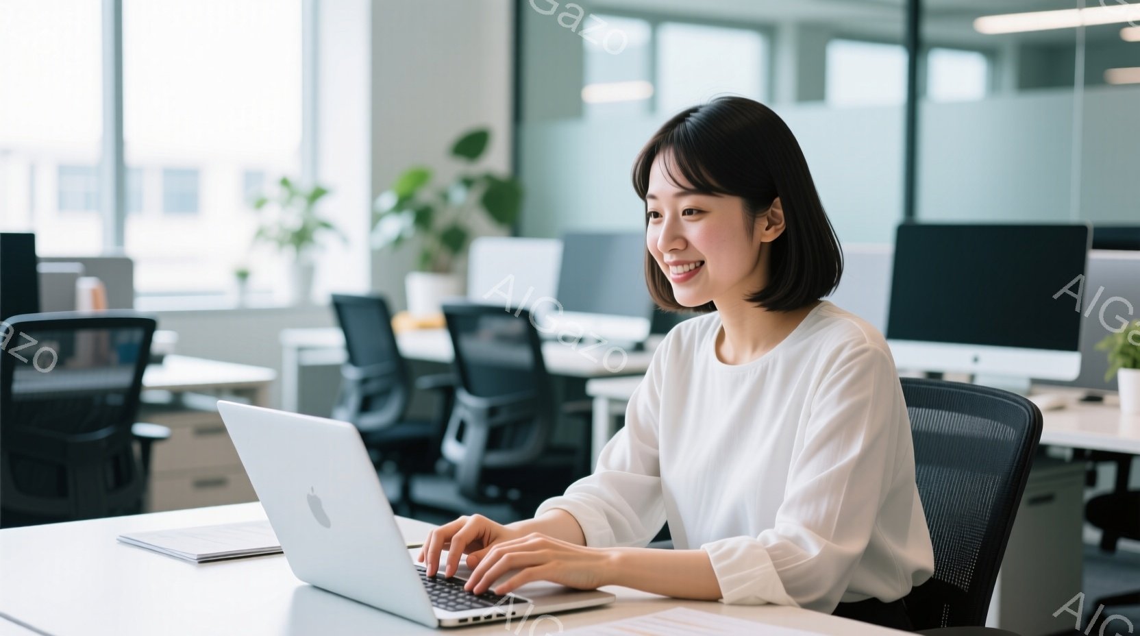 白いブラウスを着た若い女性が、オフィスでノートパソコンを使って仕事をしている。彼女は椅子に座って少し前かがみになり、笑顔でキーボードを見つめている。背景には、他のオフィス機器や植物が見え、明るく開放的な雰囲気を感じさせる。