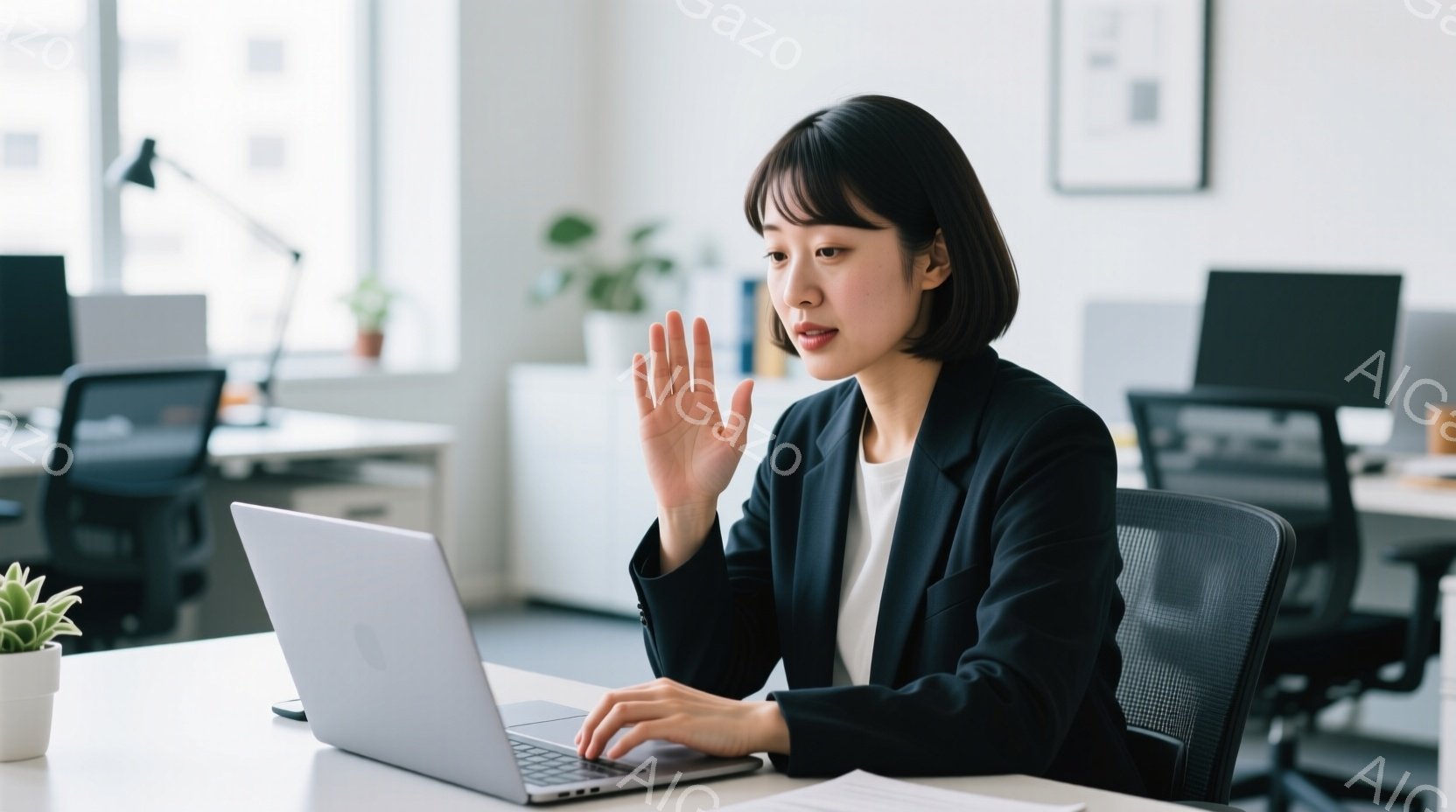 黒いジャケットと白いシャツを着た女性が、膝を組んでパソコンに向かっています。彼女は片手を上げて何かを説明しているようで、表情は真剣で穏やかです。背景にはオフィスがあり、他のデスクや植物が見え、明るく清潔な雰囲気です。