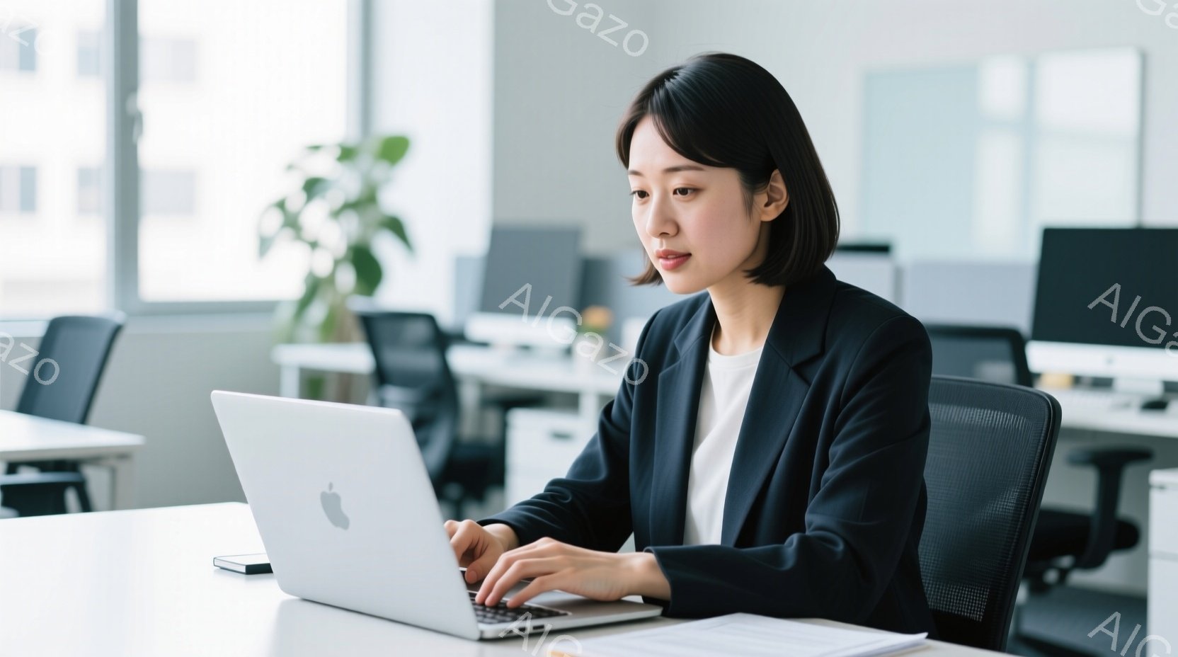 女性は黒いジャケットと白いシャツを着ており、短めの黒髪をしています。彼女はパソコンに向かって何かをタイプしており、真剣な表情をしています。背景にはオフィスがあり、他のデスクや植物が見え、明るく清潔な印象を与えます。