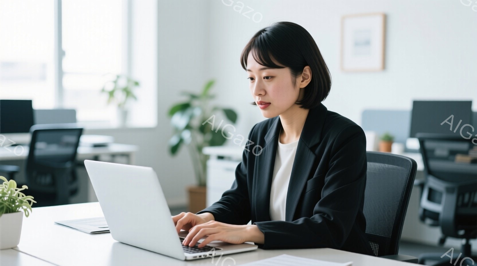 オフィスでノートパソコンを操作する女性が写っています。彼女は白いシャツに黒いジャケットを羽織り、短めの黒髪で、集中した表情でキーボードを見つめています。背景には、他のオフィスチェアや植物が見え、明るく - AI生成フリー素材