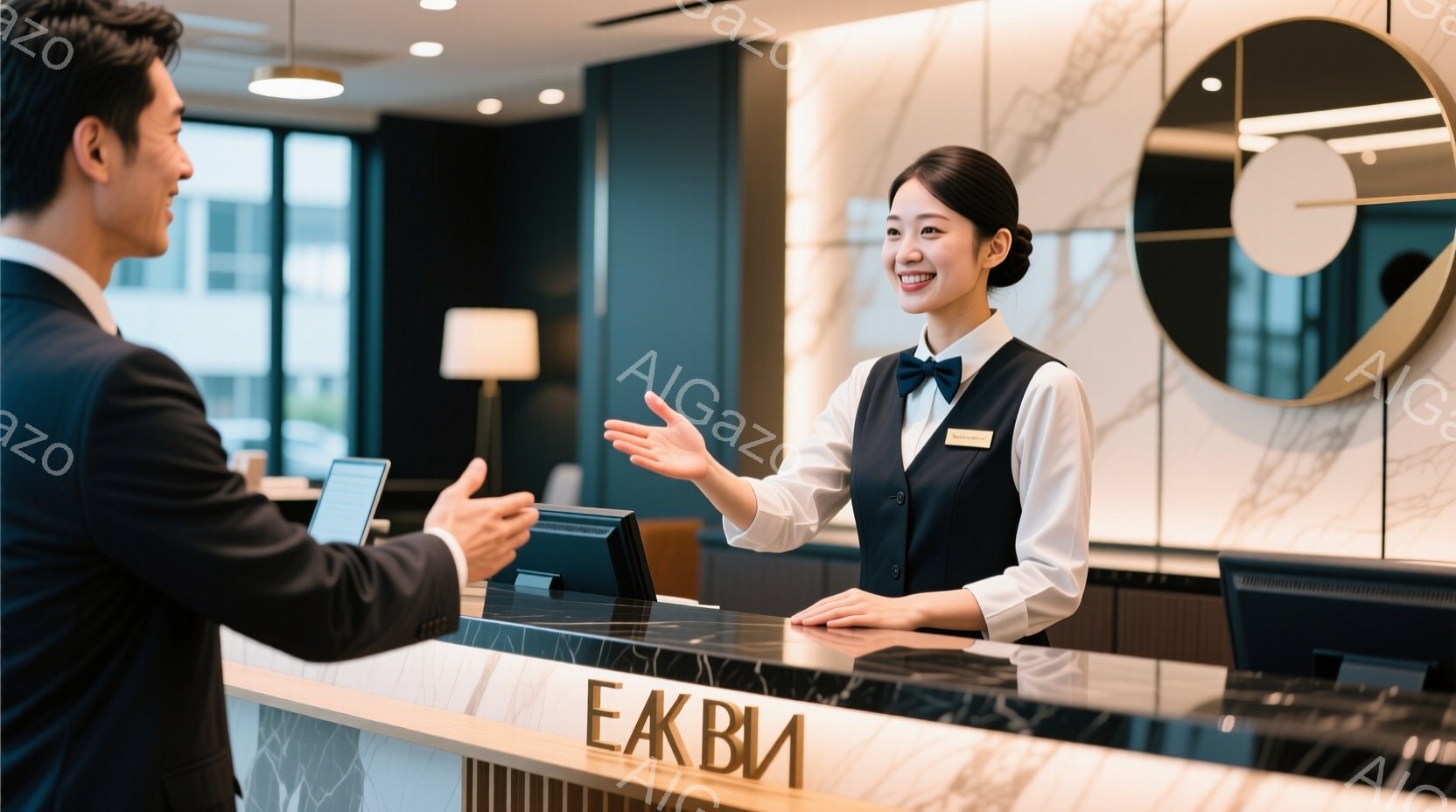 レセプションカウンターで、男性と女性が接客の場面です。女性は紺色のベストと白いブラウスを着ており、髪は後ろでまとめている。両手で何かを説明しているような仕草で、笑顔が印象的で、男性は黒いスーツを着て、何かを質問しているような姿勢をとっています。
