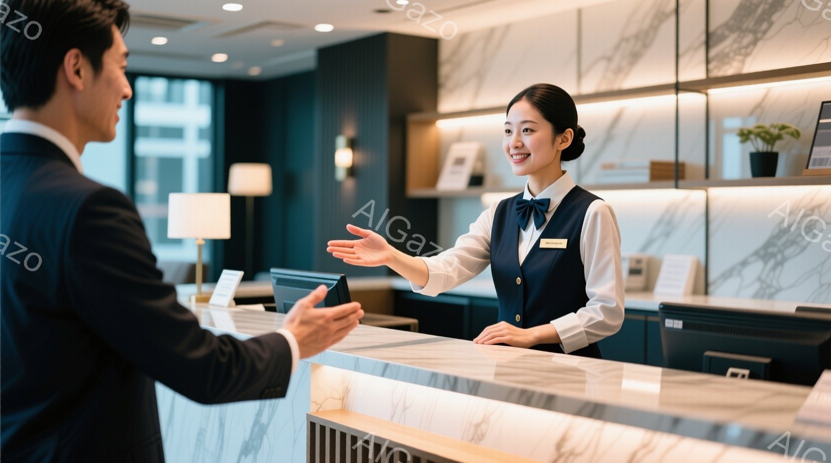 制服姿の女性がホテルの受付カウンターに立っており、笑顔で男性客に何かを説明している様子です。女性は白いブラウスに濃い青のベスト、そして髪を後ろにまとめたヘアスタイルで、親切な表情をしています。背景には、大理石調のカウンターと間接照明、そして観葉植物が見られ、ホテルの洗練された雰囲気が漂っています。