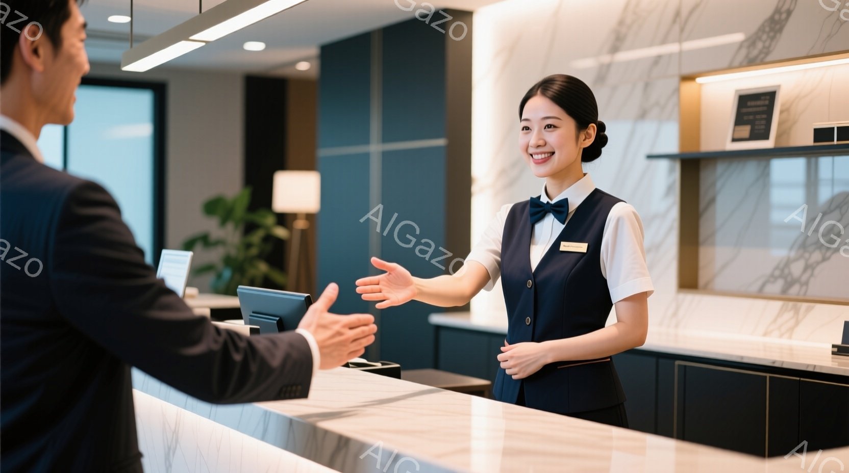 ホテルやレセプションのような場所で、制服を着た女性スタッフが男性客を迎えています。女性は紺色のベストと白いブラウスを着ており、髪は後ろでまとめています。背景には大理石のカウンターと間接照明があり、上品で洗練された雰囲気が漂っています。