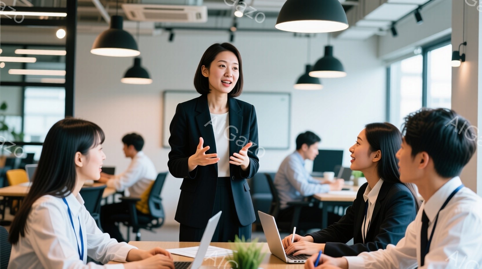 女性がビジネスミーティングでプレゼンテーションをしている様子が写っている。彼女は黒いジャケットと白いブラウスを着ており、髪は後ろでまとめている。参加者はテーブルを囲んでノートパソコンを使用しており、リラックスした雰囲気で会話を楽しんでいる。