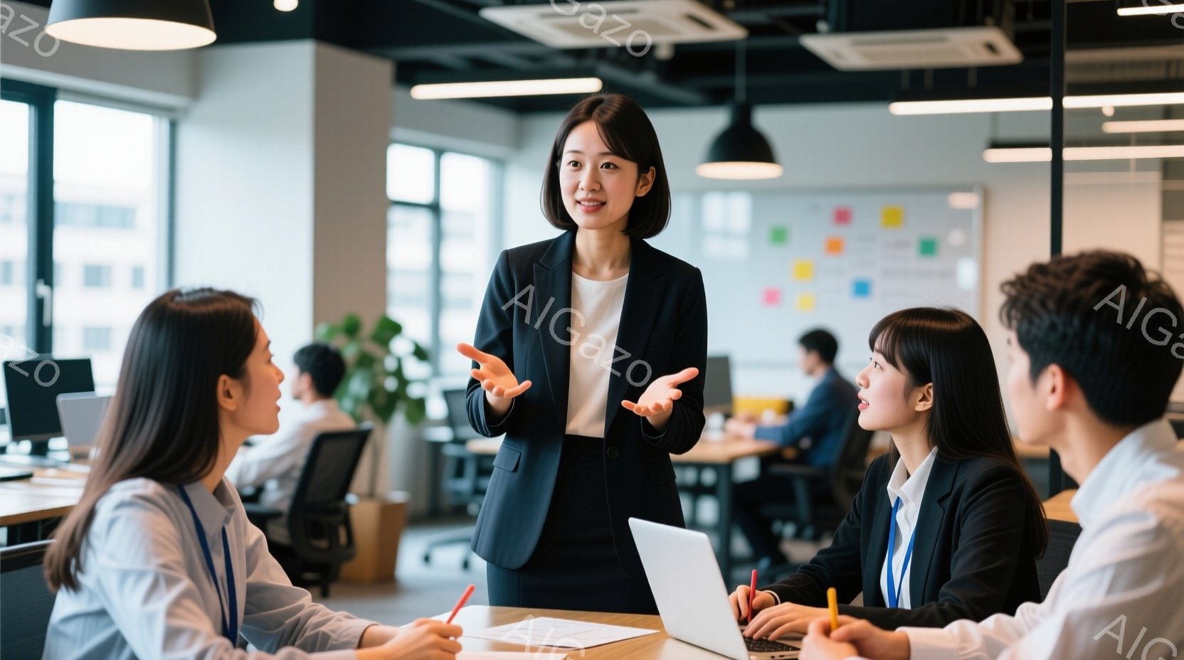 オフィス内で、黒いジャケットを着た女性が、テーブルを囲んで座る同僚たちに何かを説明している様子が写っている。彼女は両手を広げ、熱心に話しており、同僚たちは真剣な表情で彼女の話を聞いている。背景には、他の社員が仕事をしている様子や、カラフルなポストイットが貼られた壁が見え、活気のあるオフィス空間が広がっている。
