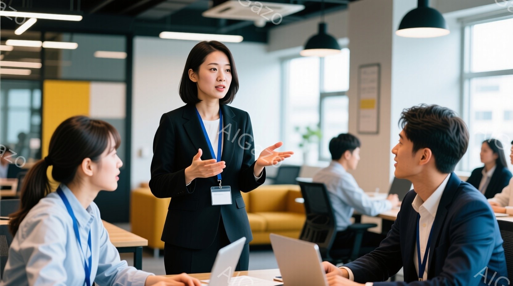 三人のビジネスパーソンがオフィスで会話している様子が写っている。女性は黒いジャケットを着ており、髪を後ろでまとめて、何かを説明しているようなジェスチャーをしている。背景には他のビジネスパーソンやオレンジ色のソファが見え、全体的にモダンで活気のある雰囲気が漂っている。