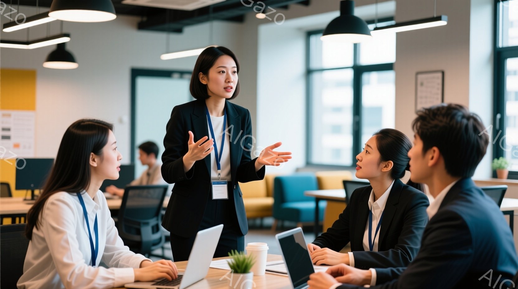 室内でビジネスミーティングをしている様子が写っています。黒いジャケットを着た女性が立って何かを説明しており、周りにはノートパソコンを開いて話を聞く同僚たちがいます。明るい室内にはオフィス家具や植物があり、開放的な雰囲気です。