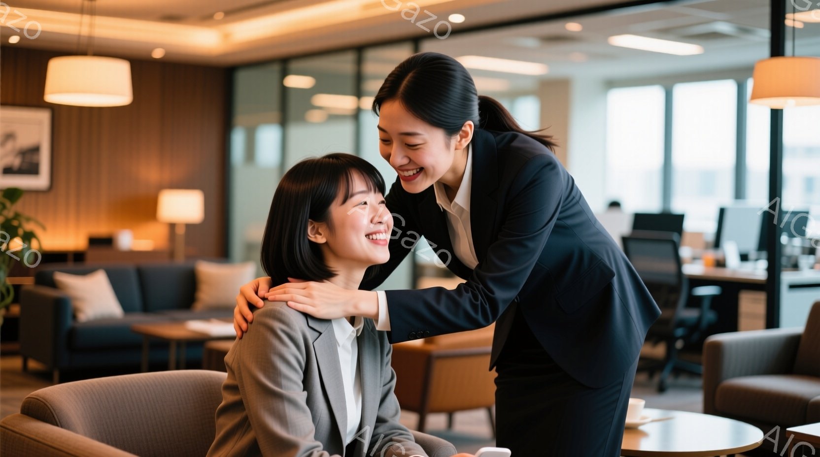 明るい室内で、一人の女性がソファーに座り、別の女性が彼女の肩に手を置いて立っている様子が写っています。座っている女性はグレーのスーツを着ており、短い髪で微笑んでいます。立っている女性は黒いスーツを着ており、明るい笑顔で座っている女性を見つめており、温かく親しげな雰囲気が漂っています。