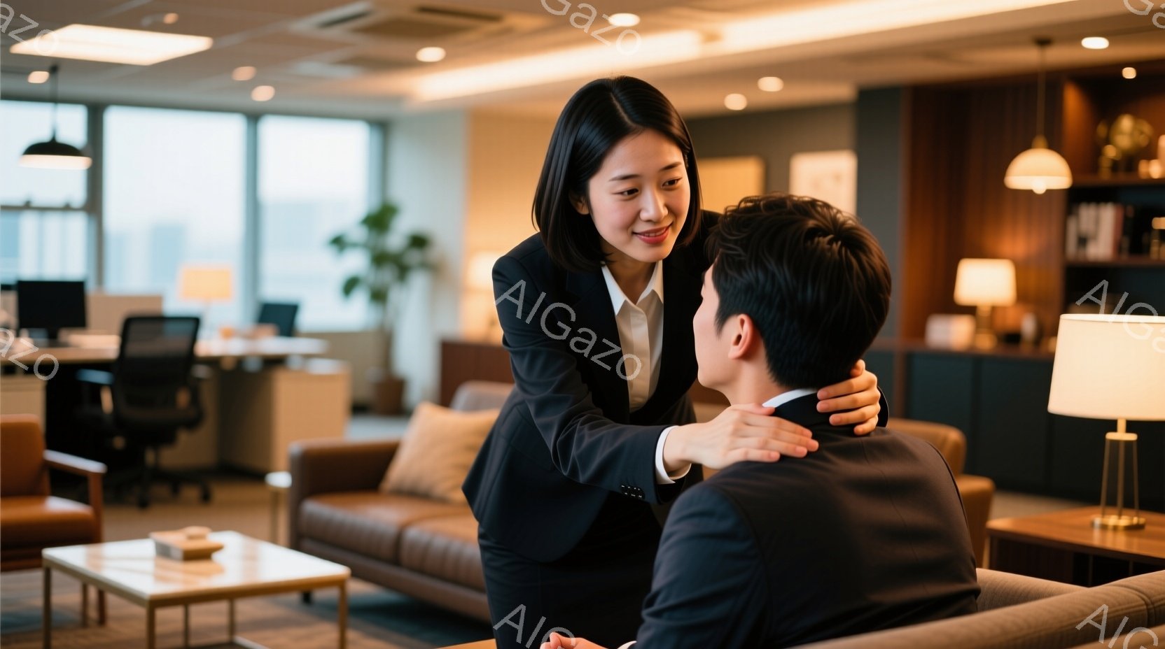 女性は黒いスーツに白いシャツを着ており、微笑みながら男性の肩に手を置いている。男性は背筋を伸ばして座っており、黒いスーツを着ている。背景には、モダンなオフィス空間があり、ソファ、テーブル、観葉植物、そして窓から見える都市の風景が見える、温かく明るい雰囲気である。