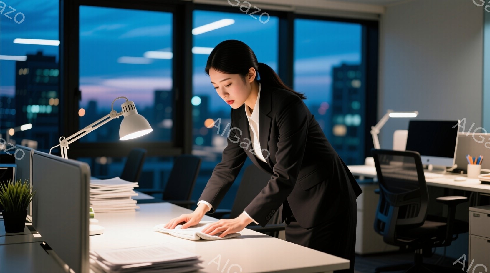 仕事着の女性が、オフィスでデスクに置かれた書類を拭いています。彼女は黒いスーツを着ており、髪は後ろでまとめています。背景には夜景が広がり、ビルの明かりがちらちらと見えます。