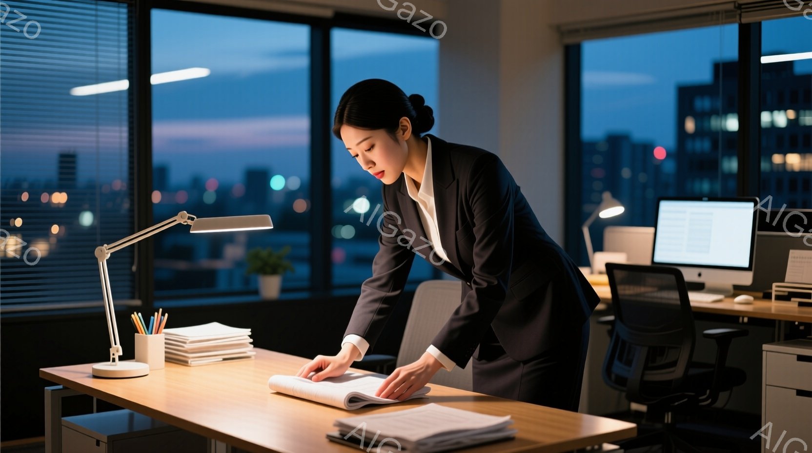 スーツを着た女性が、オフィスで書類を手に取り、確認している様子が写っている。彼女は黒髪を後ろでまとめ、集中した表情で少し前かがみの姿勢をとっている。窓の外には夜景が広がり、遠くのビル群が光り輝いている - AI生成フリー素材