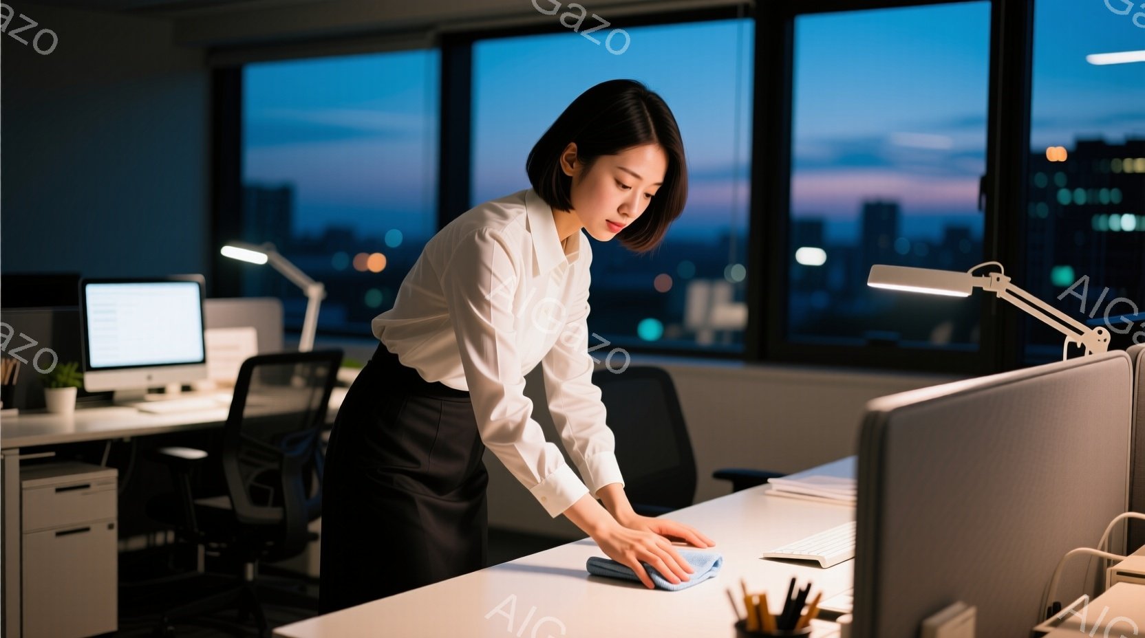 仕事を終えた女性が、オフィスでデスクを拭いています。彼女は白いシャツと黒いスカートを着ており、短めの髪型をしています。窓の外には夜景が広がり、都市の明かりが煌めいています。