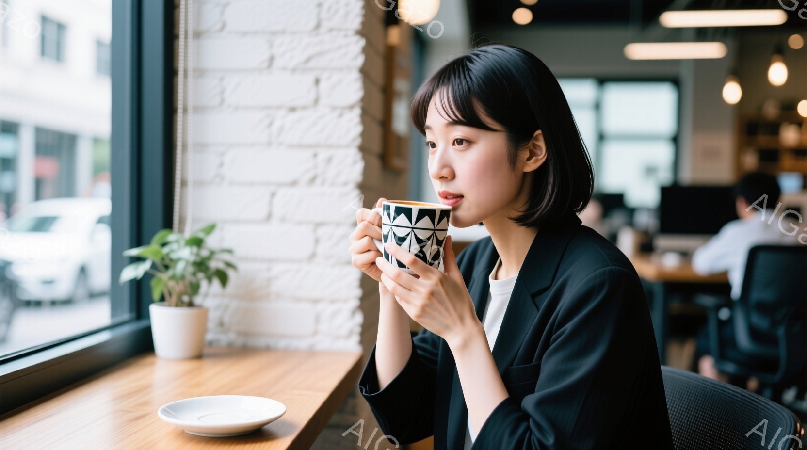 彼女はオフィス内で、ブラウンカフェテーブル上に座ってお茶を飲んでいる。彼女の服装はビジネス志向で、髪型はショートヘアで表情は淡々としている。背景にはオフィスの照明や書板が見え、彼女の周りには他の人もいます。雰囲気はリラックスされた感じで、営業中のビジネスであることを表している。