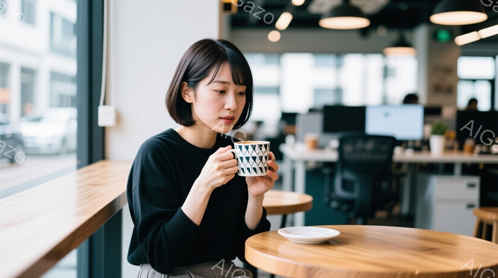 黒いセーターとグレーのパンツを着用した若い女性が、窓際の丸いテーブルでカップを手に持っている。彼女は少し微笑んでおり、リラックスした表情をしている。背景には、オフィスらしき空間や窓の外の街並みが見え、 - AI生成フリー素材