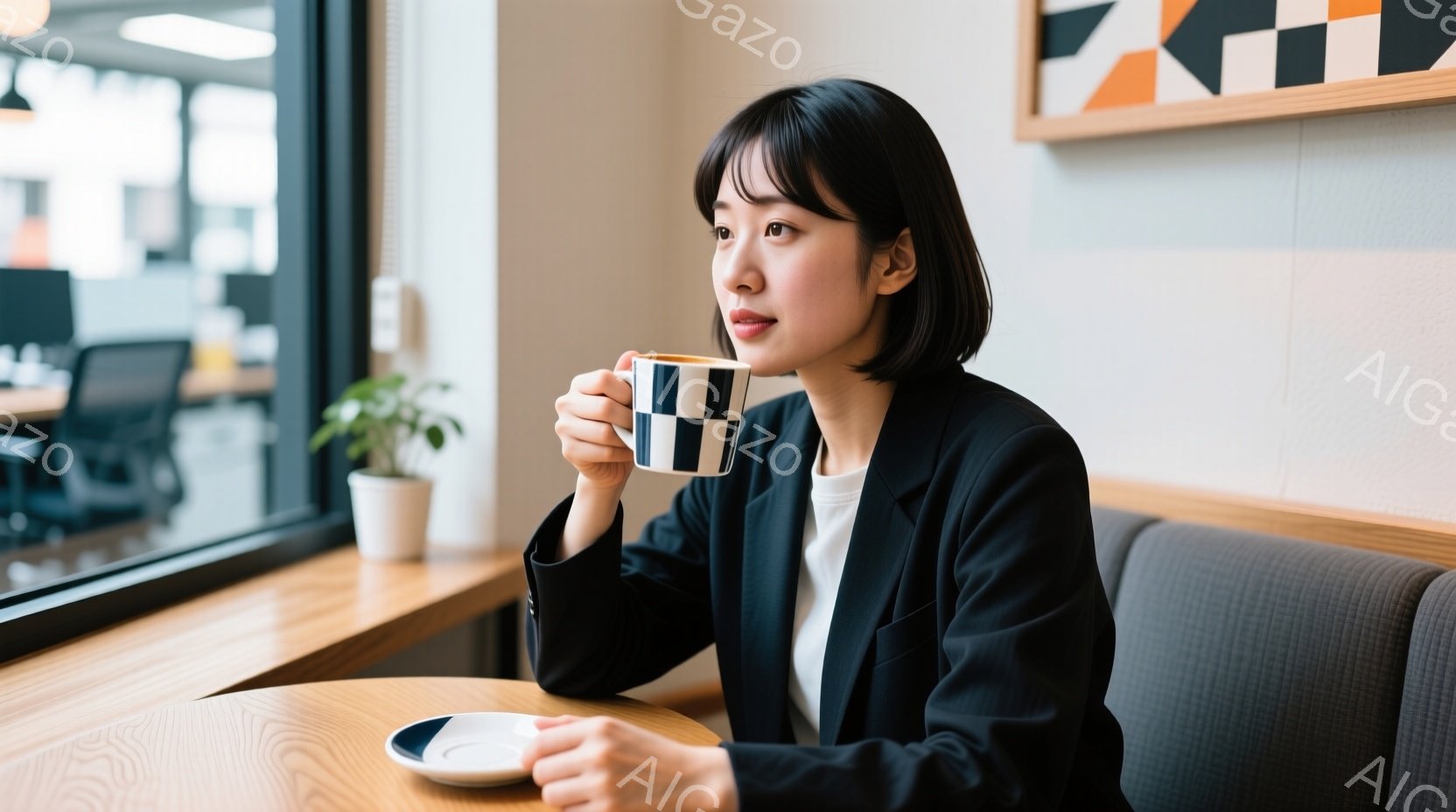 黒いジャケットに白いインナーを着た若い女性が、ストライプの入ったマグカップを両手で持って楽しんでいる様子が写っている。彼女は窓際の席に座っており、少し微笑みを浮かべ、リラックスした雰囲気である。背景に - AI生成フリー素材