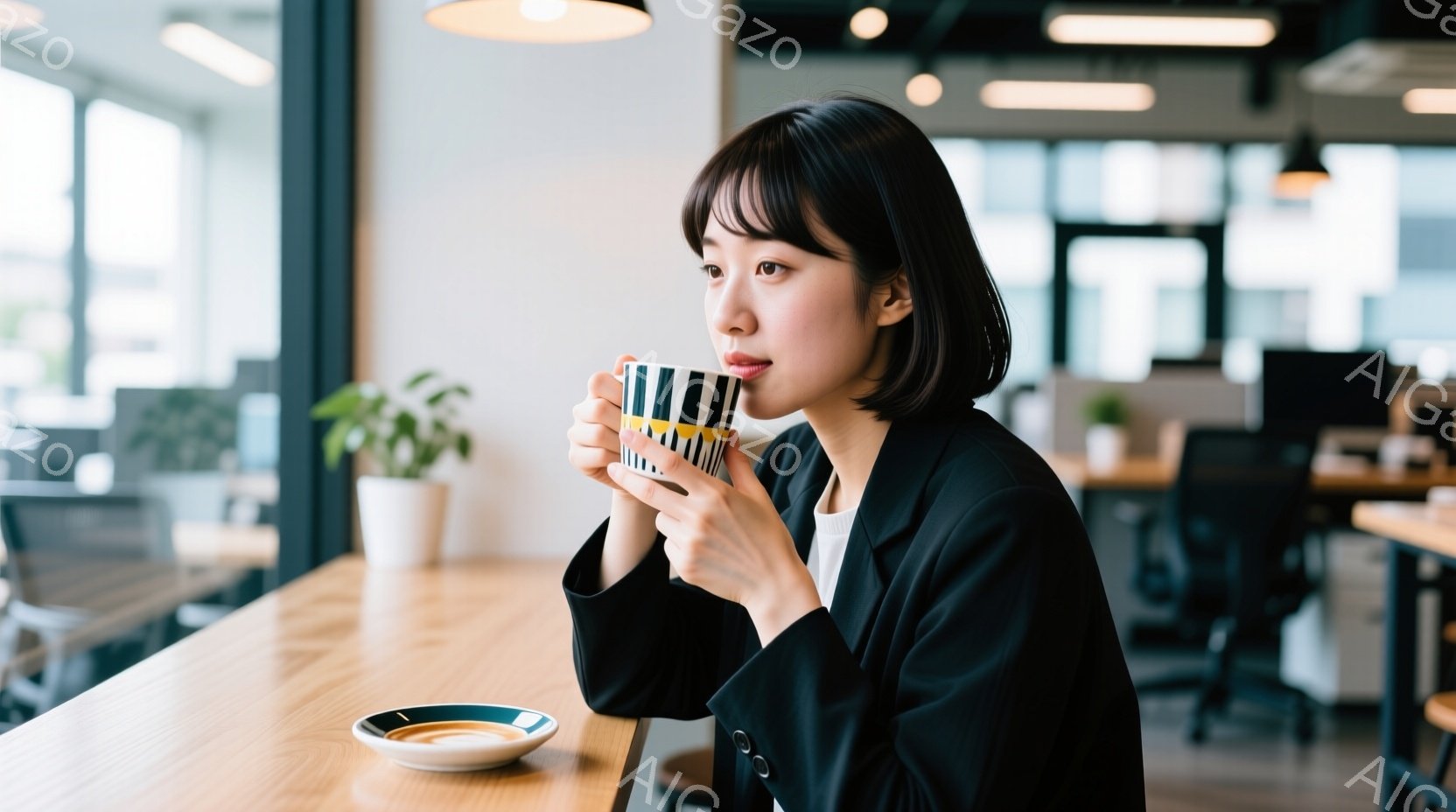 ショートヘアの女性が、窓際のカウンター席でカップを持って何かを飲んでいる。彼女は黒いジャケットに白いインナーを着ており、少し物思いにふけるような表情をしている。背景にはオフィスらしき空間が広がり、観葉植物が置かれていることから、リラックスできる雰囲気の職場だと言える。