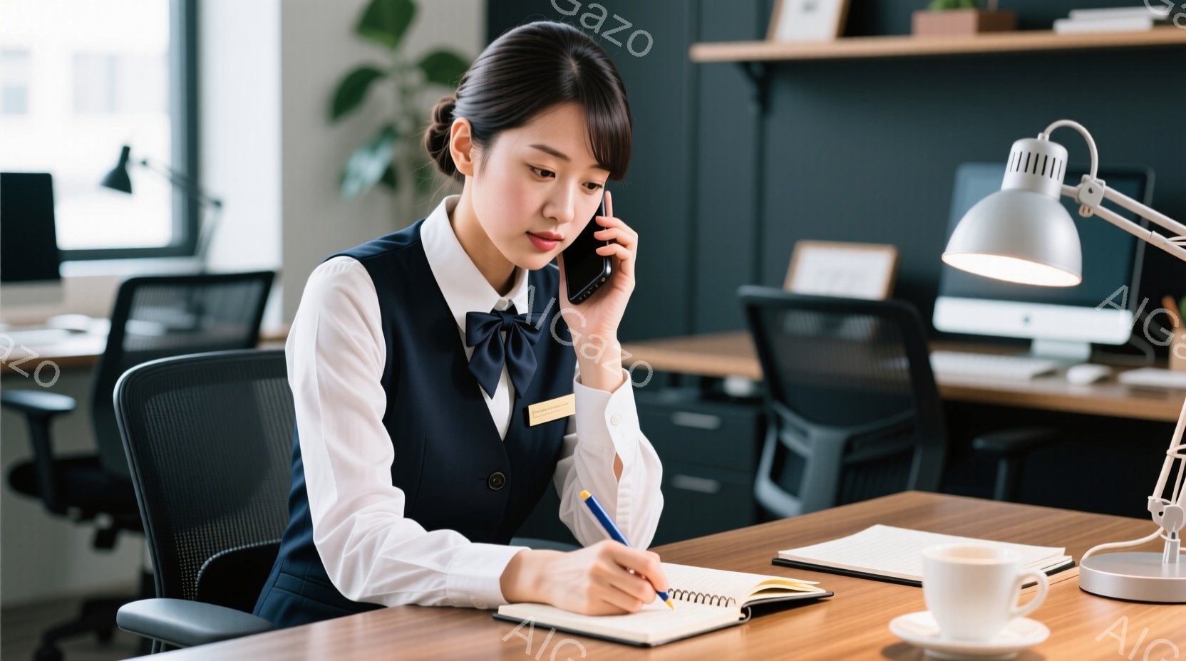 白いブラウスと濃い青のベストを着用した女性が、電話を受けながらノートに書き込みをしている。彼女は黒髪で後ろでまとめている。背景にはオフィスがあり、デスクや椅子、そして小さな観葉植物が見える。