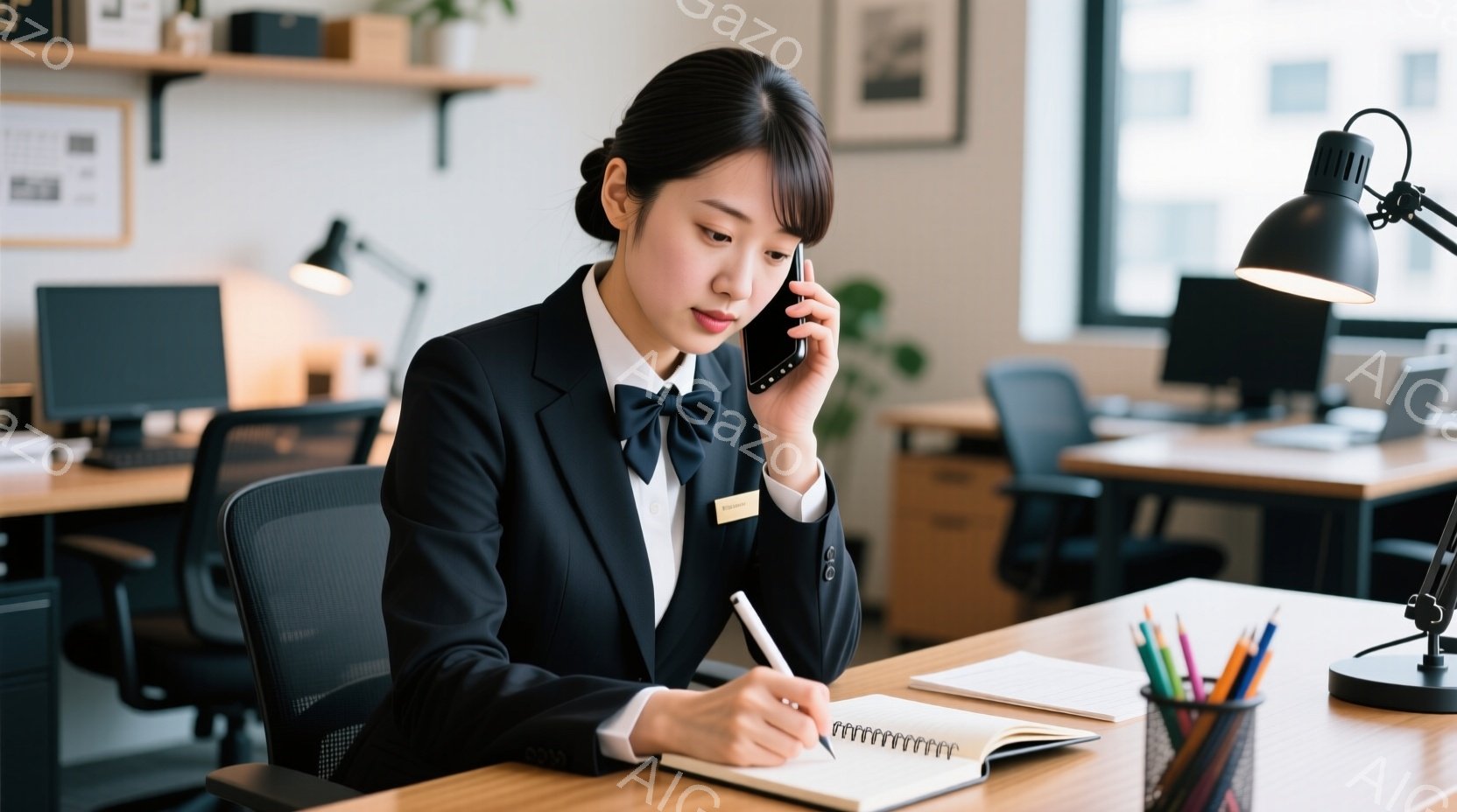 一人の女性がオフィスで電話をしながらノートに書き込んでいます。彼女は黒いジャケットに白いブラウス、そしてリボンタイを着ており、真剣な表情で集中しています。背景には他のオフィス家具や植物が見え、明るく清潔感のある雰囲気です。