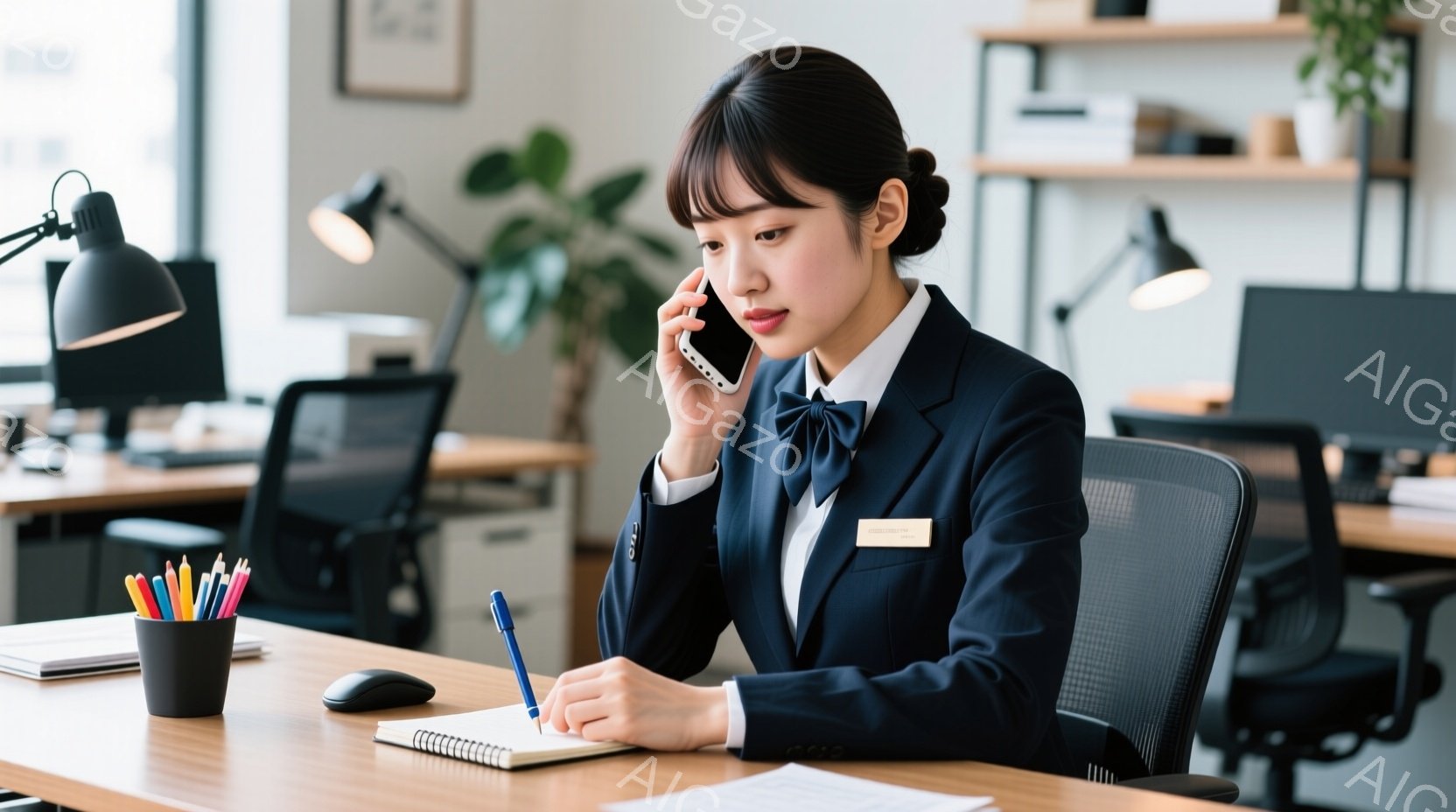 紺色のスーツとリボンタイを着用した女性が映っています。彼女はデスクに座り、電話で会話しながらノートに何かを書き込んでおり、真剣な表情をしています。背景にはオフィススペースが広がっており、デスク、椅子、植物、そして間接照明が見られ、落ち着いた雰囲気です。