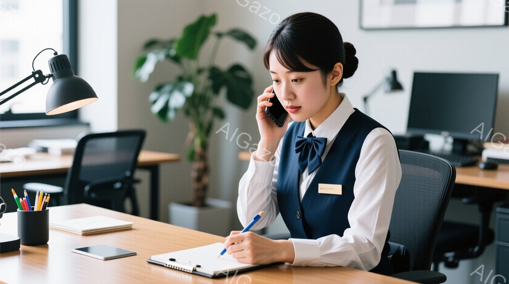 女性客室員はオフィスで手書きノートに記入中、電話をかけており、服装は黒のワンピースとバレッタ、髪は長くシンプルなスタイルで、表情は集中している様子。背景にはオフィス空間があり、大きな窓から自然光が入っており、全体としてはプロフェッショナルで丁寧な雰囲気が感じられる。