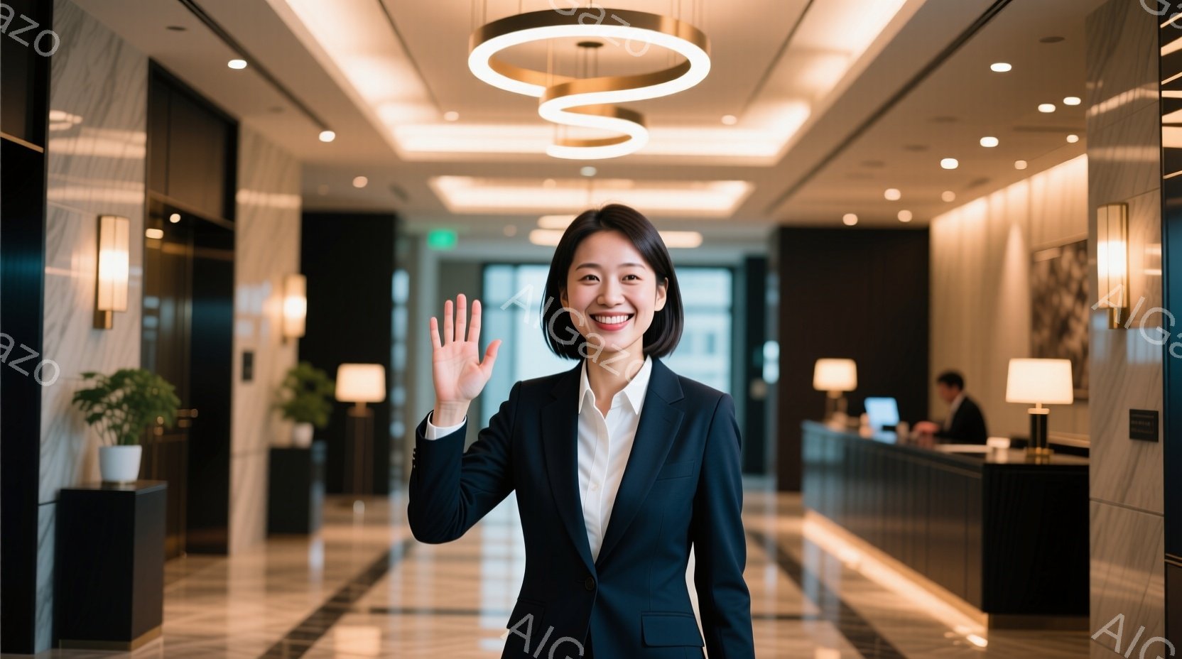 女性は紺色のスーツジャケットと白いシャツを着て、笑顔で手を振っています。彼女は明るいロビーで、正面には受付カウンターがあり、背後には受付担当者がいます。ロビーはベージュと白を基調とした落ち着いた雰囲気 - AI生成フリー素材