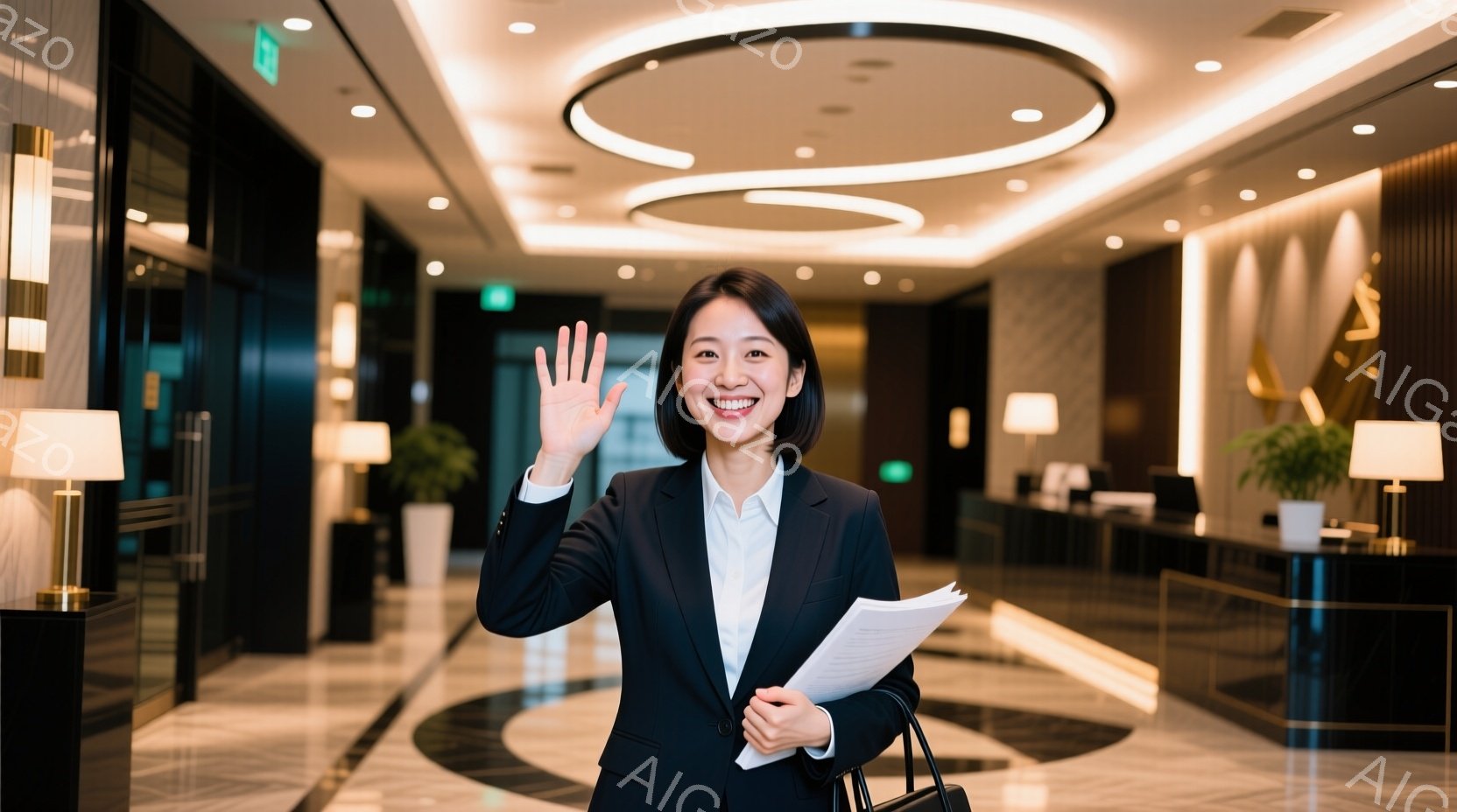 黒いスーツに白いブラウスを着た女性が、明るい笑顔で手を振っています。彼女は書類を手に持ち、少し前かがみになりながら、ホテルのロビーで歓迎の姿勢を見せています。背景には、大理石の床と、洗練されたデザイン - AI生成フリー素材