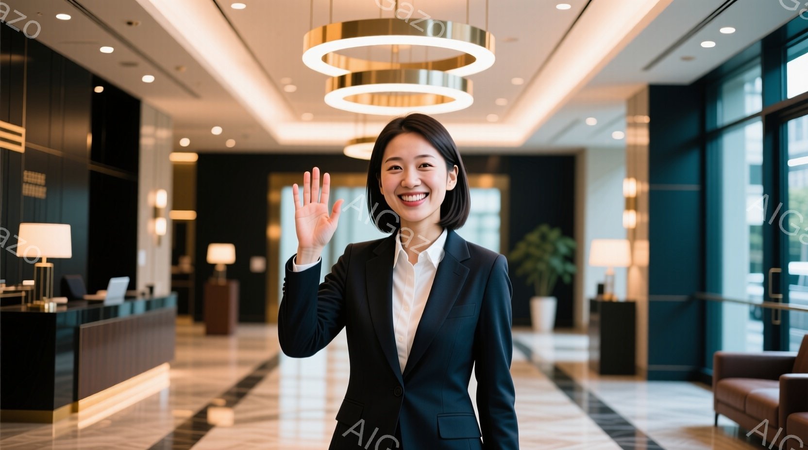 黒いスーツに白いシャツを着た女性が、ホテイルームのような背景で手を振っています。彼女は短い黒髪で、笑顔で親しみやすい表情をしています。背景には、明るい色調のモダンな内装、受付カウンター、そして間接照明 - AI生成フリー素材