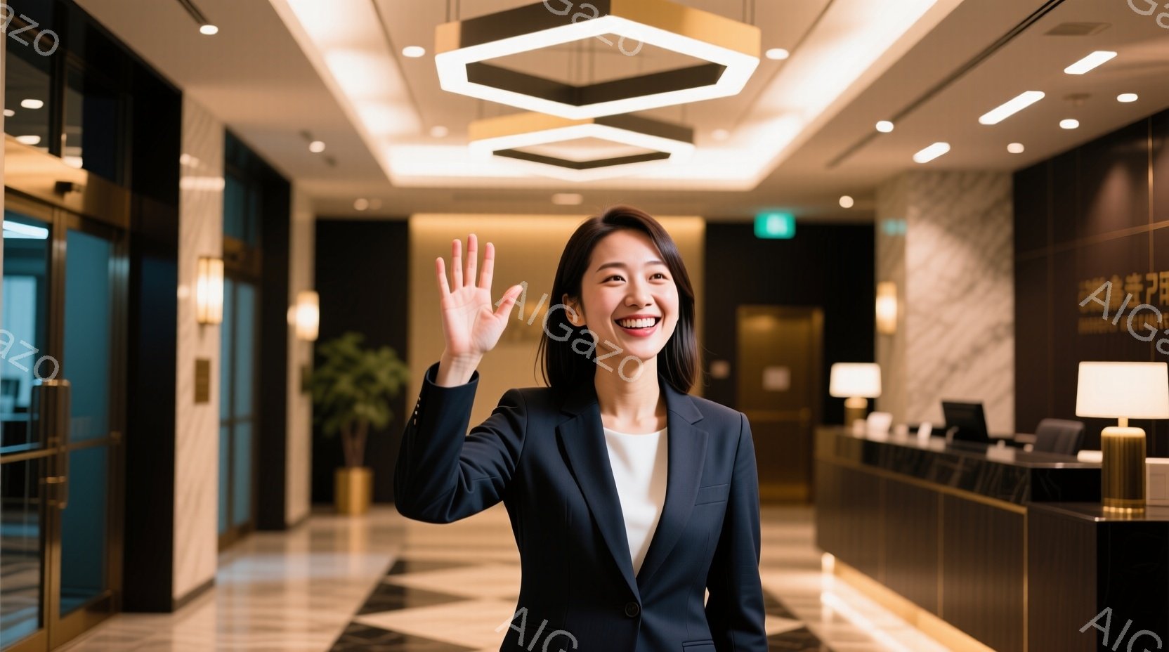 明るい笑顔の女性が紺色のスーツに白いシャツを着て、片手を上げて挨拶をしている。背景には、受付カウンターと植物、そして近代的なデザインの照明が映り込み、ホテルのロビーのような豪華な雰囲気が漂っている。床 - AI生成フリー素材