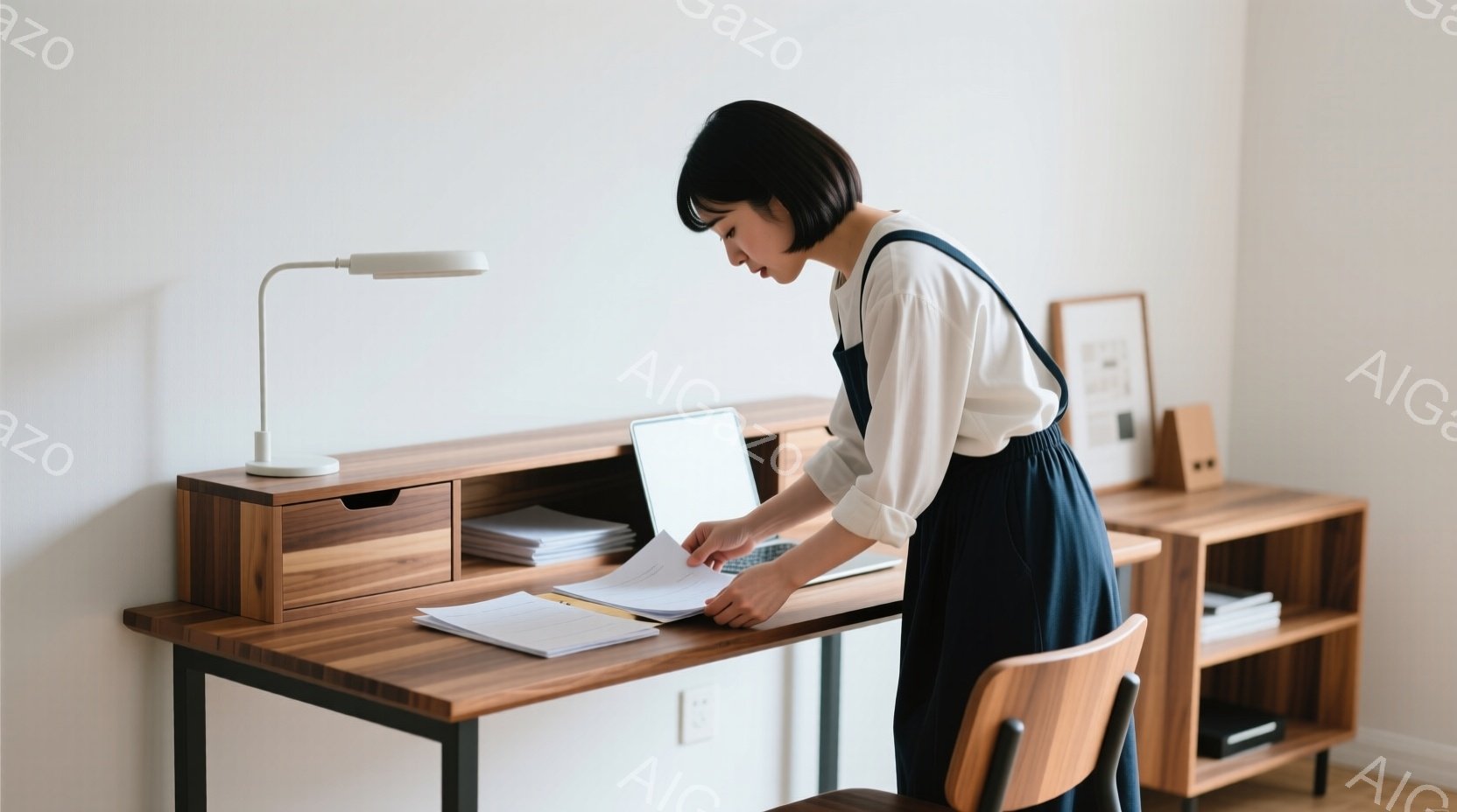 明るい部屋で、女性が書類を手にしながら立っている。彼女は白いブラウスと濃い紺色のオーバーオールを着ており、短くダークな髪をしている。木の机の上にはノートパソコンや書類が置かれ、背景には本棚が見える、全体的に落ち着いた雰囲気の室内空間である。