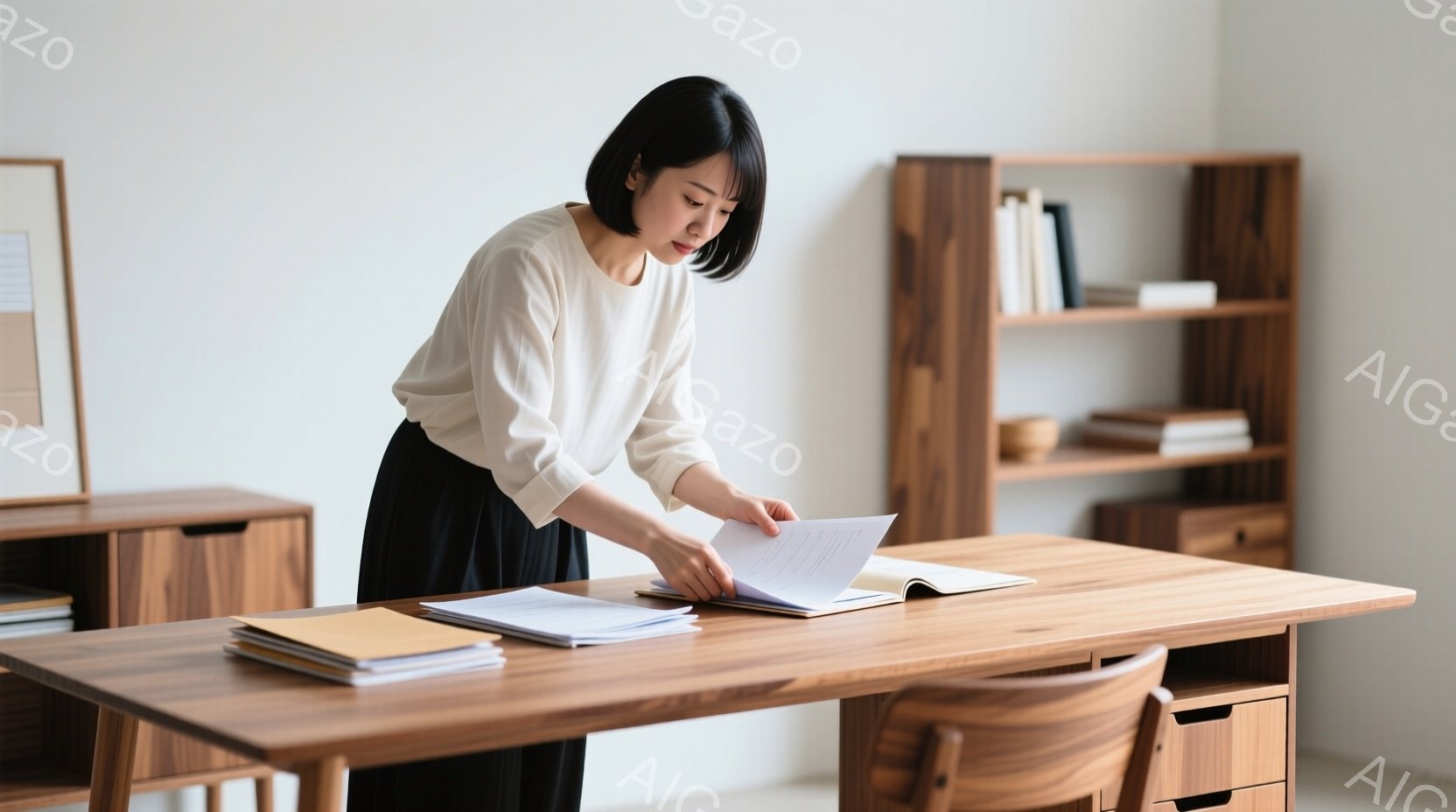一人の女性が木製のテーブルの前に立っており、書類を手に持っています。彼女はクリーム色のブラウスと黒いスカートを着用し、短めの黒髪をしています。背景には木製の棚があり、シンプルで落ち着いた雰囲気が漂っています。