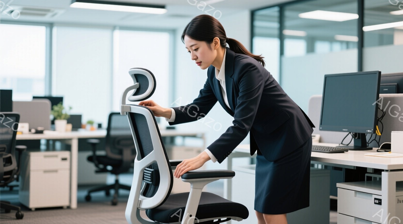 オフィスで椅子を調整している女性が写っています。彼女は黒いスーツとスカートを着用し、髪は後ろでまとめています。彼女は椅子の上部に手を置き、集中した表情で姿勢を整えているように見えます。 - AI生成フリー素材