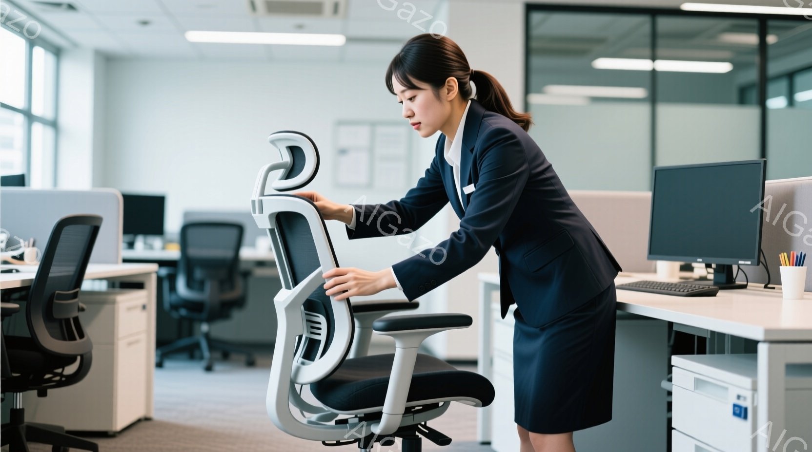 ビジネスウーマンがオフィスで椅子を調整しています。彼女は紺色のスーツと白いブラウスを着ており、髪は後ろでまとめたヘアスタイルです。背景には他のオフィスチェアやデスクが見え、オフィス内は明るく整頓されており、プロフェッショナルな雰囲気が漂っています。