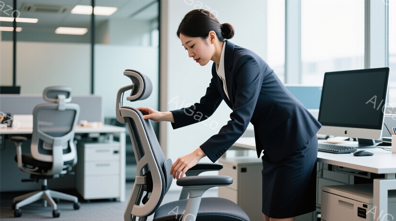 オフィスで、黒いスーツとスカートを着た女性がオフィスチェアの調整をしている。彼女は少し前かがみの姿勢で、椅子のヘッドレスト部分に手を添えており、真剣な表情をしている。背景には、他のオフィスチェアやキャ - AI生成フリー素材