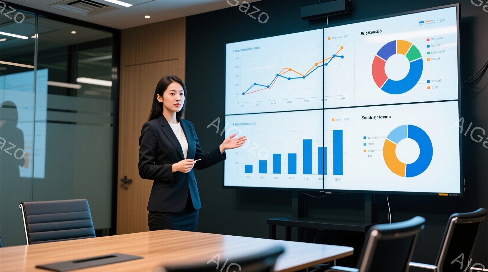 黒いスーツと白いブラウスを着た女性が映っており、右手を挙げてプレゼンテーションを行っている。彼女は落ち着いた表情で、自信を持ってスクリーンに向かっている。背景はモダンな会議室で、大きな窓から外の景色が見え、グラフやチャートがスクリーンに映し出されている。