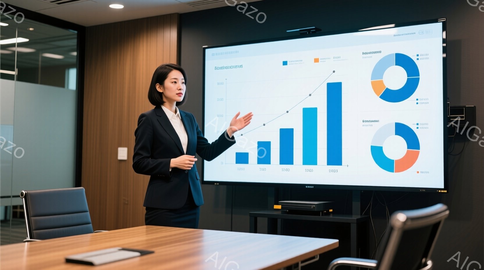 一人の女性がプレゼンテーションを行っています。彼女は黒いスーツと白いブラウスを着ており、髪は後ろでまとめています。背景にはグラフが表示されたスクリーンがあり、会議室のテーブルと椅子が並んでいます。