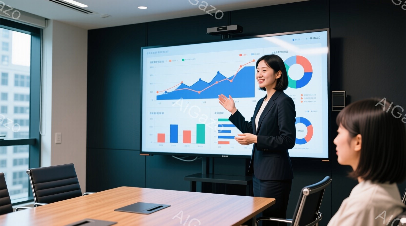 室内では、女性がプレゼンテーションを行っています。彼女は黒いスーツを着ており、髪は後ろでまとめています。背景にはグラフが表示された大きなスクリーンがあり、会議室のテーブルと椅子が配置されています。