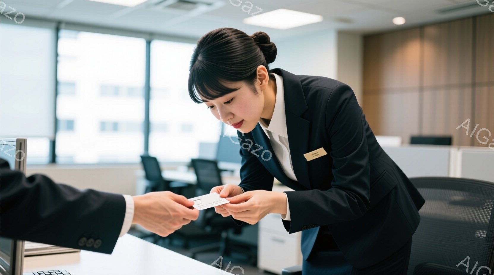 制服を着た若い女性が、ある男性から名刺を受け取ろうとしています。彼女は黒いスーツに白いブラウス姿で、前髪を分け、後ろで髪を束ねています。背景にはオフィスがあり、窓の外には高層ビルが見え、明るい雰囲気です。