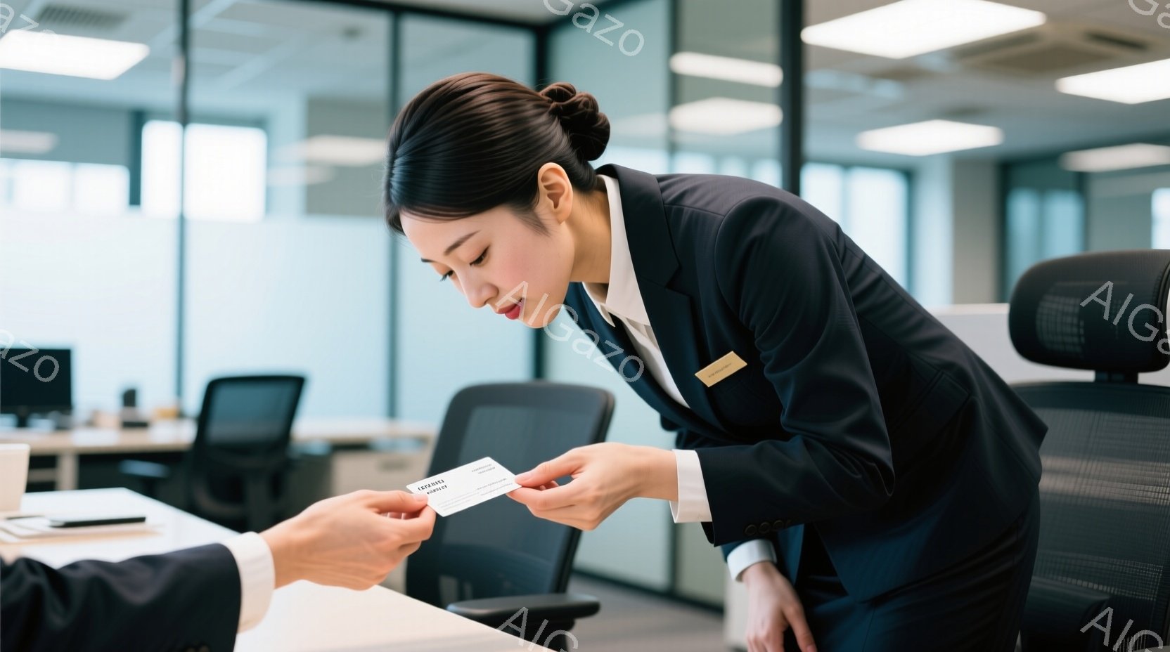 一人の女性がビジネスシーンで名刺を渡している様子が写っている。彼女は黒いスーツに身を包み、きっちりとしたヘアスタイルで、丁寧に名刺を差し出している。背景にはオフィス内のデスクや椅子が並び、明るく清潔感のある雰囲気が漂っている。