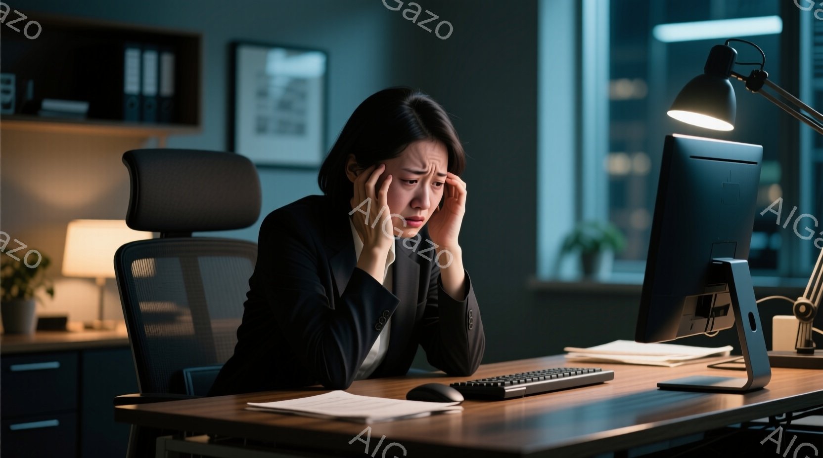 疲れた様子の女性が、薄暗いオフィスでデスクに向かっています。彼女は黒いスーツを着ており、髪は後ろにまとめられています。目は閉じられ、頭を両手で抱え、強いストレスを感じている様子が伝わってきます。
