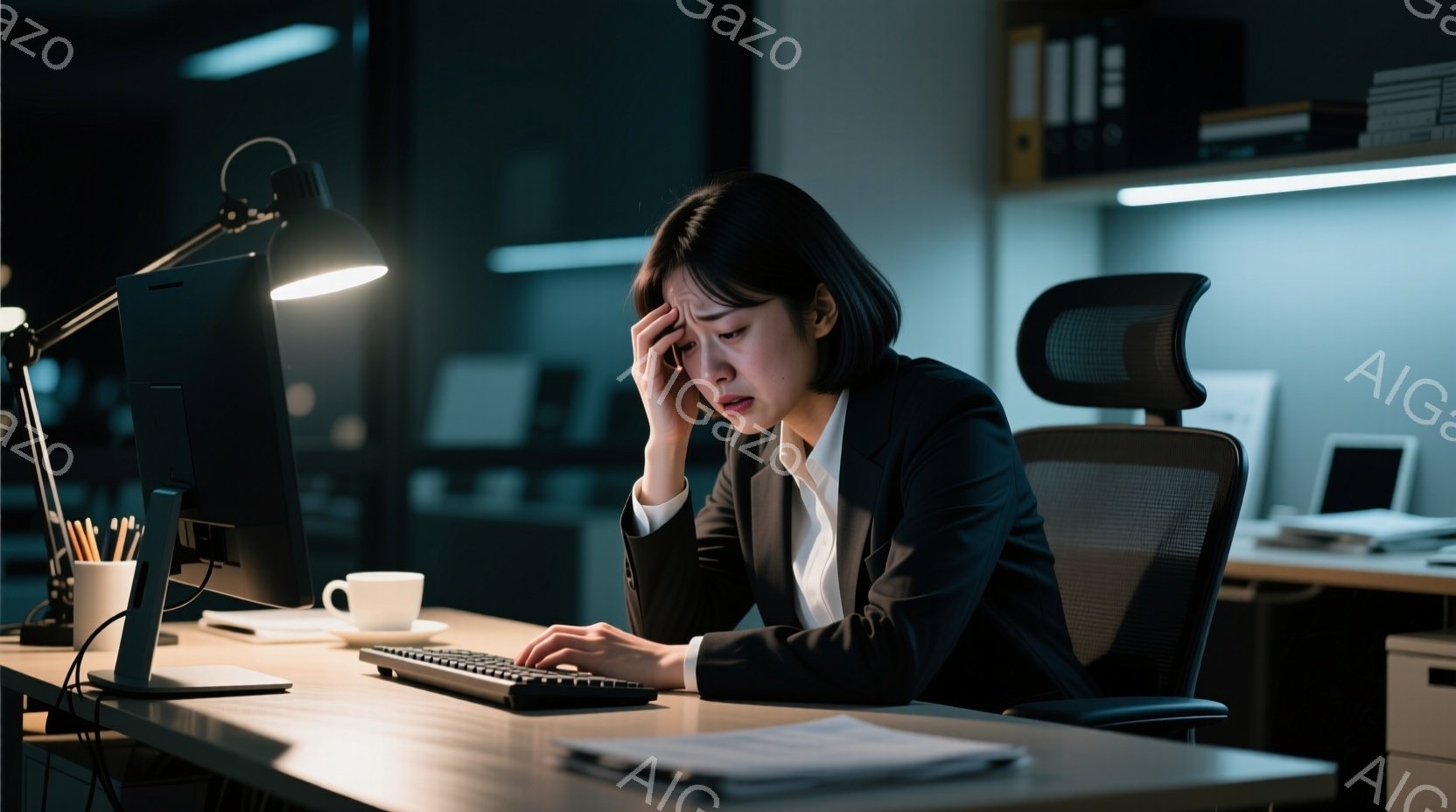 黒いスーツを着た若い女性が、オフィスでパソコンに向かって疲れた様子で座っている。彼女は片手で額を押さえ、困惑した表情を浮かべており、長時間作業した後のストレスが伝わってくる。背景は薄暗いオフィスで、棚には書類が整理されており、全体的に疲労とプレッシャーを感じさせる雰囲気である。