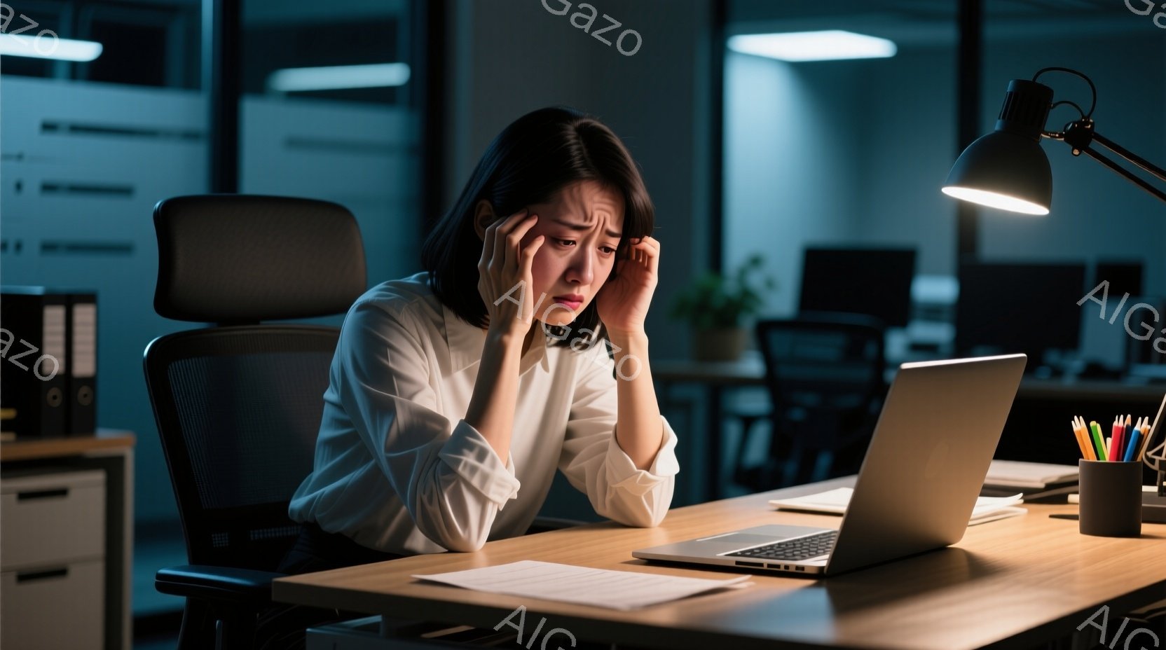 This image shows a young woman sitting at a desk in an office environment during nighttime. She is wearing a business attire with a white blouse and dark trousers, which suggests she is dressed for work. Her hair is styled short, and her expression is one of concern or stress as she rests her head on her hand. The background includes other desks with office equipment like computers and lamps, indicating that this is a typical modern office space. Overall, the atmosphere conveys a sense of late-night workload or perhaps an overwhelming amount of tasks to complete.