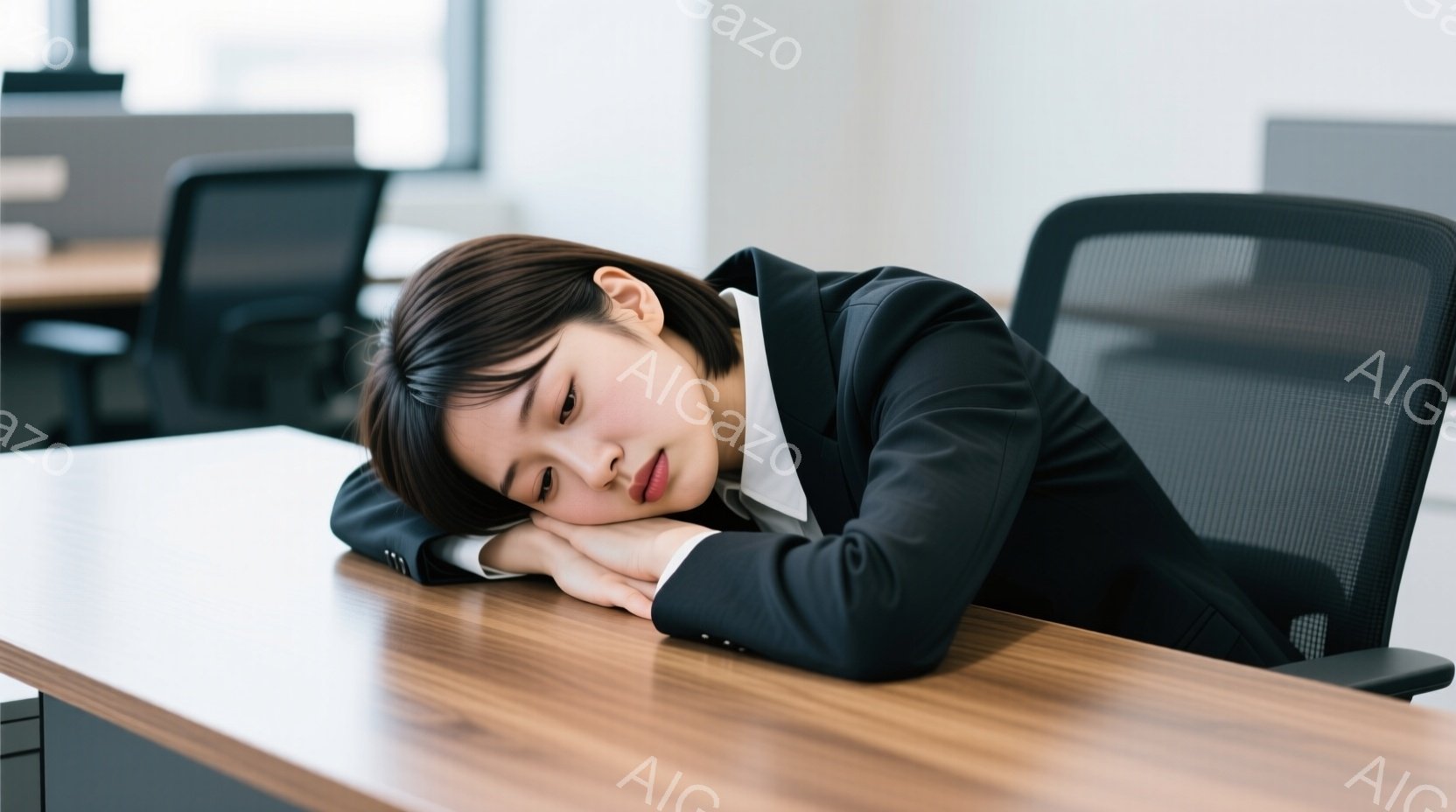 オフィスでデスクに肘をついて眠っている女性が写っています。彼女は黒いスーツに白いシャツを着ており、ダークブラウンのショートヘアです。表情は疲れており、休みたいという様子が伺えます。