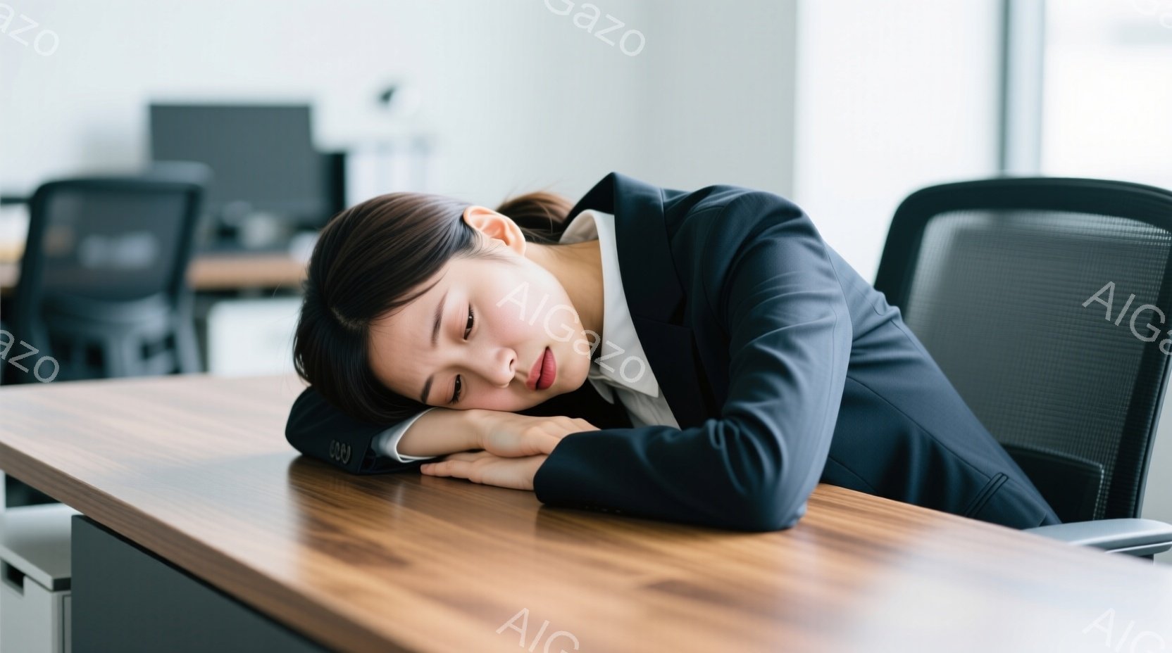 オフィスでデスクに突っ伏している女性が写っています。彼女は黒いスーツに白いシャツを着ており、髪は後ろでまとめられています。疲れた様子で、目は閉じており、深刻な疲労感や倦怠感が伝わってきます。 - AI生成フリー素材