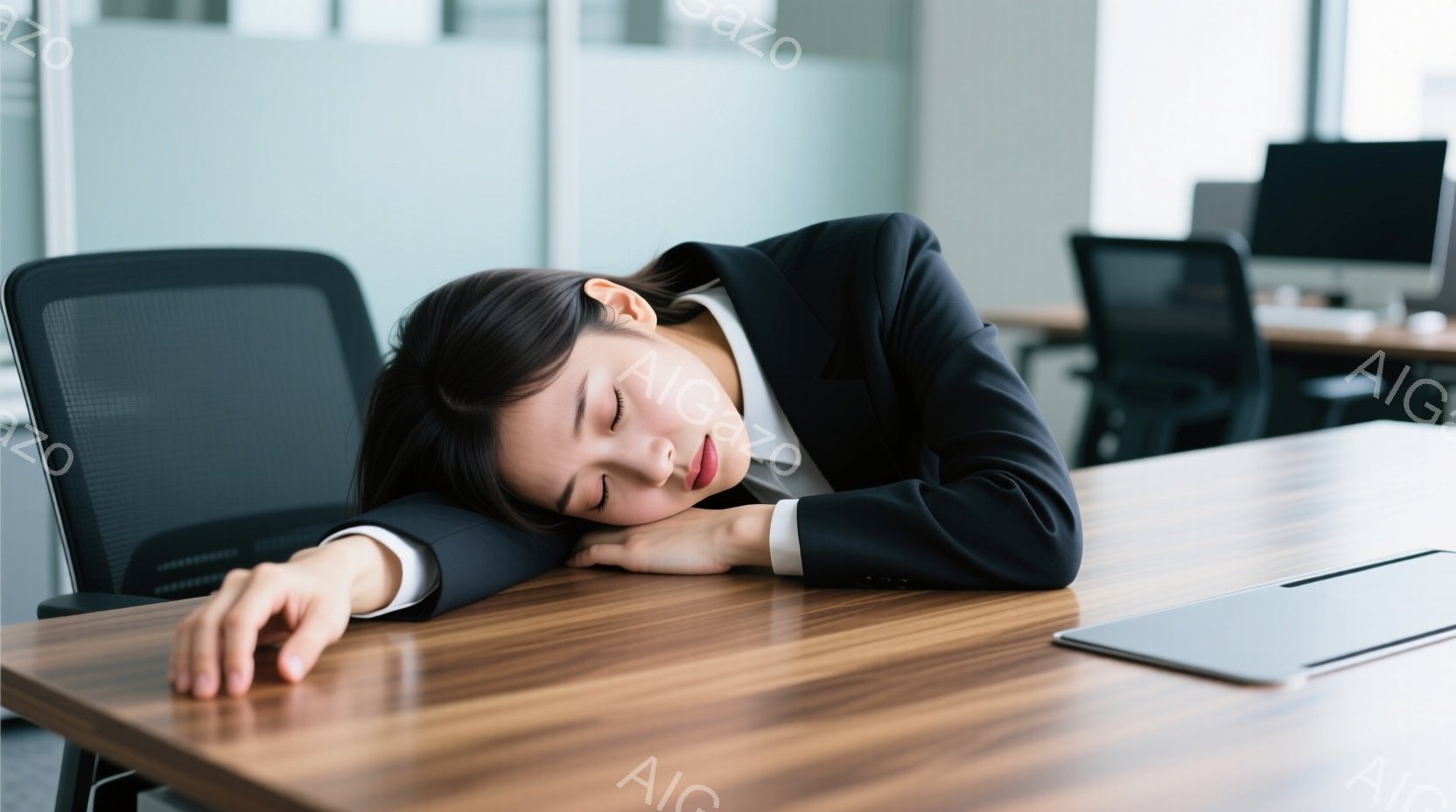 一人の女性が木のテーブルに顔を伏せて眠っている様子が写っている。彼女は黒いスーツに白いシャツを着ており、髪は後ろでまとめて、疲労困憊した表情をしている。背景にはオフィスらしき空間が見え、他の椅子やモニターがぼやけて写っている。