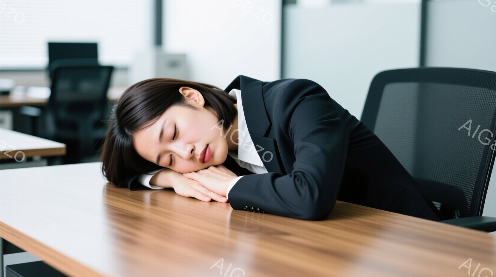 黒いスーツと白いシャツを着た女性が、腕をテーブルに置き、顔を伏せて眠っている。彼女は短い髪で、疲れた表情をしている。背景にはオフィスらしき空間が広がり、他の机や椅子が見えるが、全体的に静かで落ち着いた - AI生成フリー素材