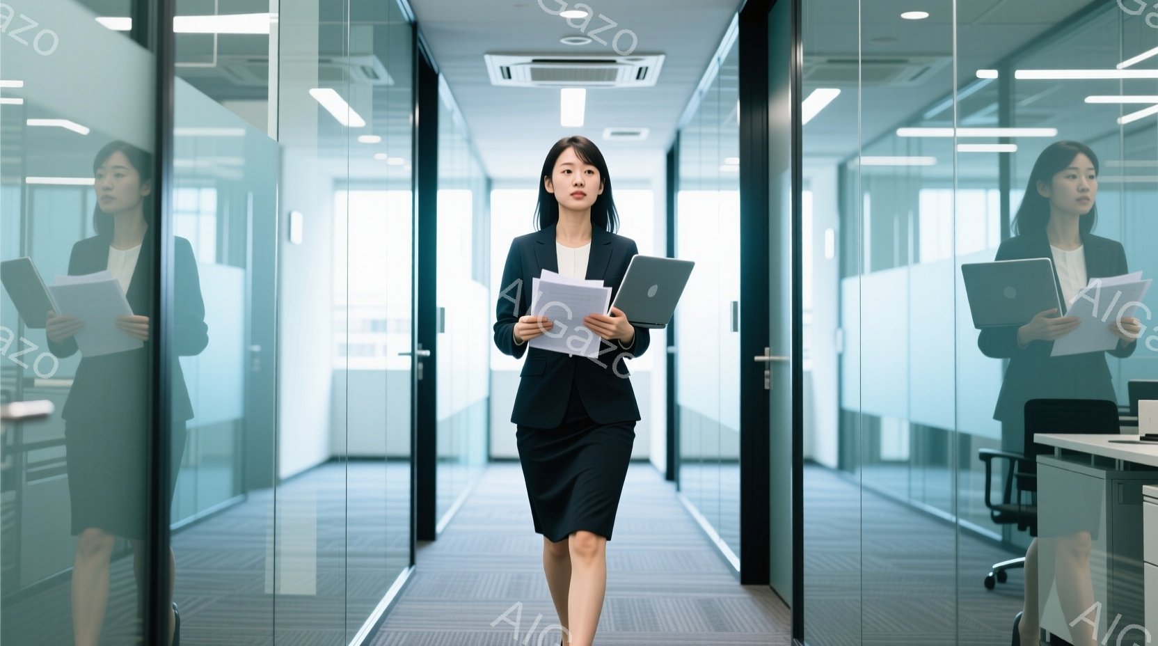 ビジネスウーマンがオフィス内を歩いている様子が写っている。彼女は黒いスーツと膝丈のスカートを着用し、手には書類とタブレットを持っている。オフィスはガラス張りの壁で区切られ、モダンで清潔感があり、明るい - AI生成フリー素材