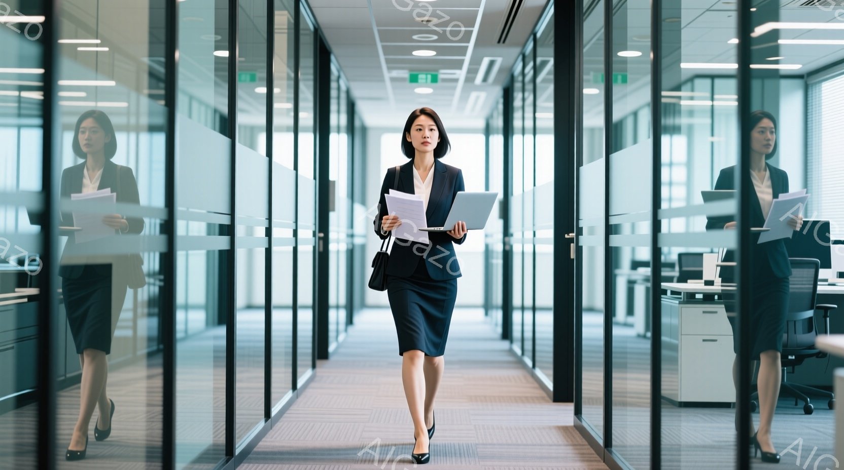 ビジネスウーマンがオフィス内を歩いている様子が描かれている。彼女は黒いスーツとスカート、ハイヒールを着用し、手には書類を持っている。背景はガラス張りのオフィスで、モダンで洗練された雰囲気が漂っている。