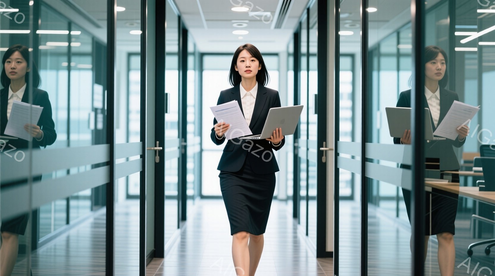 黒いスーツと膝丈のスカートを着用した女性が、オフィス内の廊下を歩いている。彼女は左手に書類、右手にノートパソコンを持っており、表情は真剣で、前方を向いている。背景はガラス張りのオフィスで、通路の両側に - AI生成フリー素材
